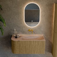 KURVE-DLUX 95cm bathroom vanity set curve Left color Dusk with 1 drawer and 1 door. Vanity top BIG SMALL Right without tab hole, color Saba.-2