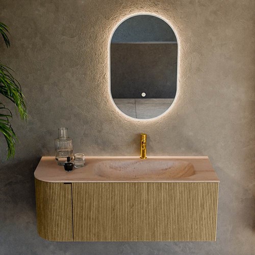 KURVE-DLUX 115cm mobili da bagno curva Sinistra colore Dusk con 1 cassetto e 1 porta. Lavabo BIG SMALL Destra 1 foro per rubinetto, colore Saba.-2