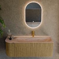 KURVE-DLUX 125cm bathroom vanity set curve Left color Dusk with 1 drawer and 1 door. Vanity top BIG MEDIUM Right 1 tab hole, color Saba.-2