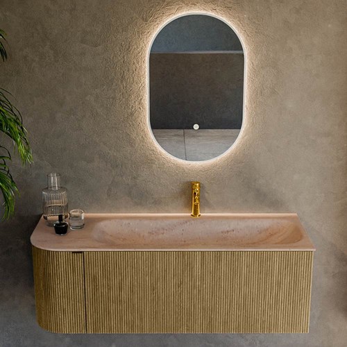 KURVE-DLUX 125cm bathroom vanity set curve Left color Dusk with 1 drawer and 1 door. Vanity top BIG MEDIUM Right 1 tab hole, color Saba.-2
