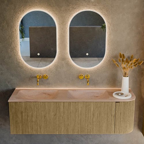 KURVE-DLUX 145cm mobili da bagno curva Destra colore Dusk con 1 cassetto e 1 porta. Lavabo LEAF Doppio / Sinistra senza foro per il rubinetto, colore Saba.-2
