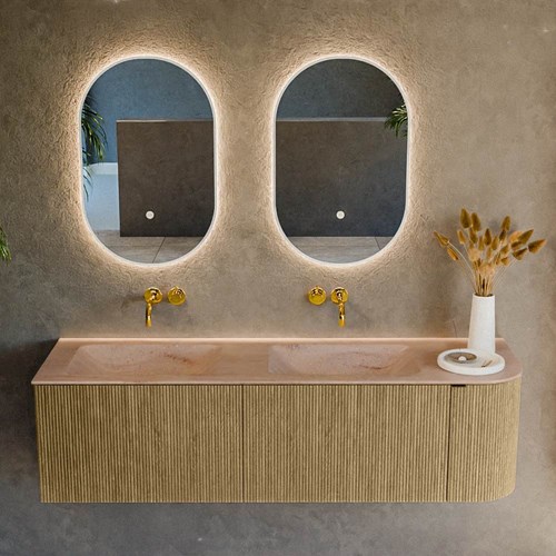 KURVE-DLUX 155cm badmeubel ronding Rechts kleur Dusk met 2 lades en 1 deur. Wastafel LEAF Dubbel / Links zonder kraangat Saba.-2