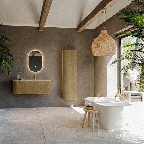 KURVE-DLUX 115cm mobili da bagno curva Sinistra colore Dusk con 1 cassetto e 1 porta. Lavabo BIG SMALL Destra 1 foro per rubinetto, colore Saba.-3