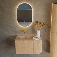 KURVE-DLUX 75cm mueble de baño curva Derecha color Oak con 1 cajón y 1 puerta. Lavabo GRUNNE Izquierda sin orificio Arena.-2