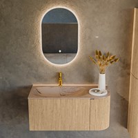 KURVE-DLUX 95cm mobili da bagno curva Destra colore Oak con 1 cassetto e 1 porta. Lavabo BIG SMALL Sinistra 1 foro per rubinetto, colore Arena.-2
