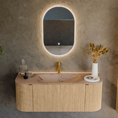 KURVE-DLUX 120cm mueble de baño curva Izquierda + Derecha color Oak con 1 cajón y 2 puertas. Lavabo BIG SMALL Centro 1 orificio Arena.-2