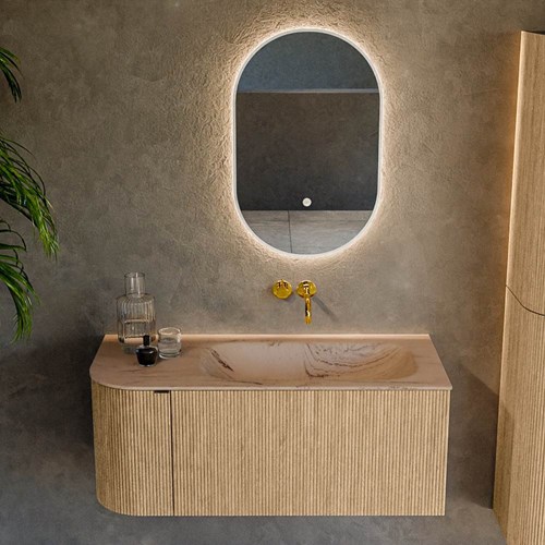 KURVE-DLUX 105cm meubles de salle de bains courbe Gauche couleur Oak avec 1 tiroir et 1 porte. Lavabo BIG SMALL Droite sans trou pour robinet, couleur Arena.-2