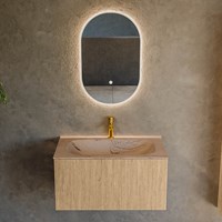 KURVE-DLUX 80cm bathroom vanity set color Oak with 1 drawer and 0 doors. Vanity top BIG SMALL Center 1 tab hole, color Arena.-2