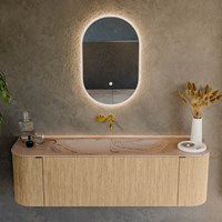 KURVE-DLUX 150cm mueble de baño curva Izquierda + Derecha color Oak con 1 cajón y 2 puertas. Lavabo BIG MEDIUM Centro sin orificio Arena.-2