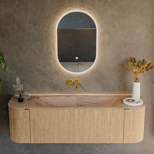 KURVE-DLUX 150cm mueble de baño curva Izquierda + Derecha color Oak con 1 cajón y 2 puertas. Lavabo BIG MEDIUM Centro sin orificio Arena.-2