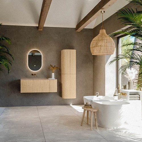 KURVE-DLUX 115cm mobili da bagno curva Destra colore Oak con 1 cassetto e 1 porta. Lavabo BIG SMALL Sinistra senza foro per il rubinetto, colore Arena.-3