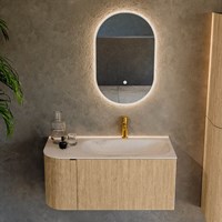 KURVE-DLUX 95cm bathroom vanity set curve Left color Oak with 1 drawer and 1 door. Vanity top BIG SMALL Right 1 tab hole, color Meli.-2