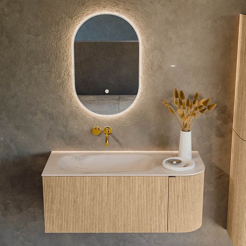 KURVE-DLUX 105cm mobili da bagno curva Destra colore Oak con 1 cassetto e 1 porta. Lavabo BIG SMALL Sinistra senza foro per il rubinetto, colore Meli.-2