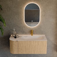 KURVE-DLUX 105cm bathroom vanity set curve Left color Oak with 1 drawer and 1 door. Vanity top BIG SMALL Right 1 tab hole, color Meli.-2