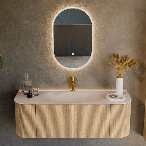 KURVE-DLUX 130cm meubles de salle de bains courbe Gauche + Droite couleur Oak avec 1 tiroir et 2 portes. Lavabo BIG SMALL Centrée 1 trou pour robinetter, couleur Meli.-2