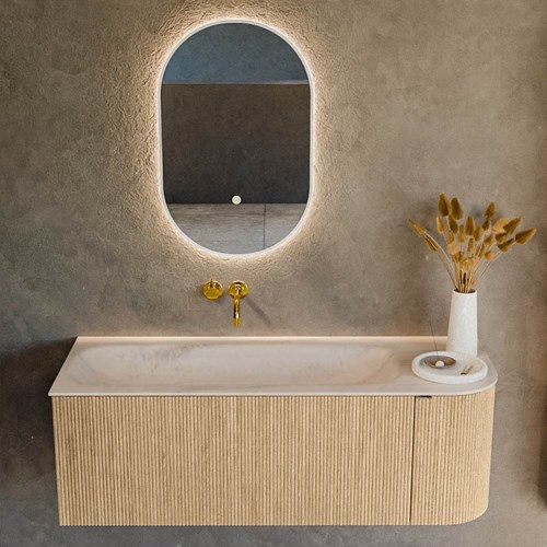 KURVE-DLUX 125cm meubles de salle de bains courbe Droite couleur Oak avec 1 tiroir et 1 porte. Lavabo BIG MEDIUM Gauche sans trou pour robinet, couleur Meli.-2