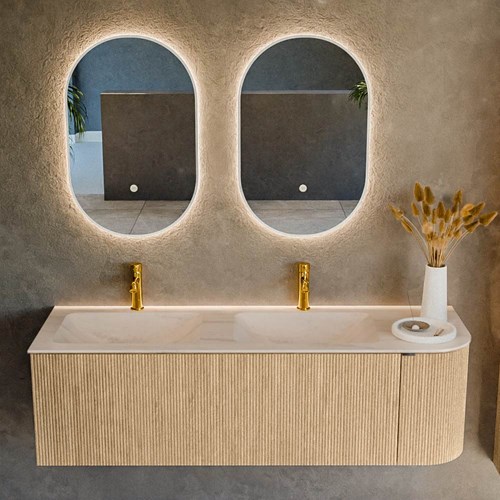 KURVE-DLUX 145cm mueble de baño curva Derecha color Oak con 1 cajón y 1 puerta. Lavabo LEAF Doble / Izquierda 2 orificios Meli.-2