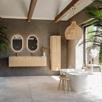 KURVE-DLUX 165cm meubles de salle de bains courbe Droite couleur Oak avec 2 tiroirs et 1 porte. Lavabo STOR SMALL Double / Gauche 2 trous robinetterie, couleur Meli.-3