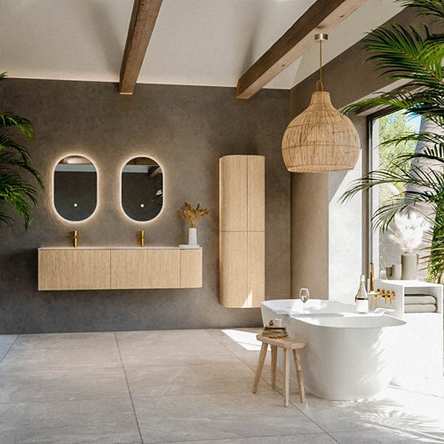 KURVE-DLUX 165cm meubles de salle de bains courbe Droite couleur Oak avec 2 tiroirs et 1 porte. Lavabo STOR SMALL Double / Gauche 2 trous robinetterie, couleur Meli.-3