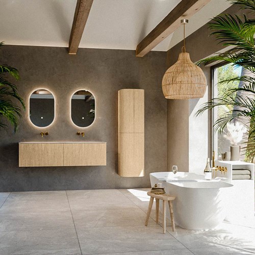 KURVE-DLUX 150cm meubles de salle de bains couleur Oak avec 2 tiroirs et 0 portes. Lavabo STOR SMALL Double sans trou pour robinet, couleur Meli.-3