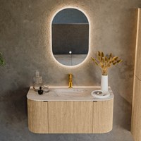 KURVE-DLUX 100cm meubles de salle de bains courbe Gauche + Droite couleur Oak avec 1 tiroir et 2 portes. Lavabo GRUNNE Centrée 1 trou pour robinetter, couleur Nata.-2