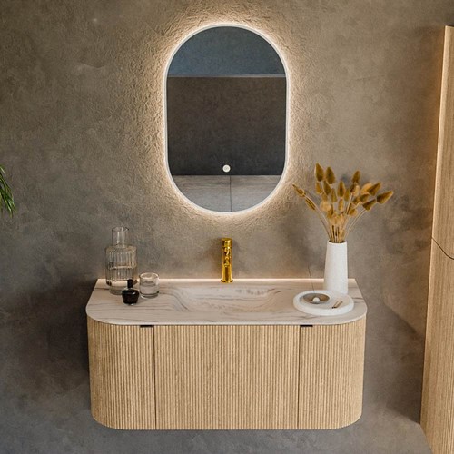 KURVE-DLUX 100cm bathroom vanity set curve Left + Right color Oak with 1 drawer and 2 doors. Vanity top GRUNNE Center 1 tab hole, color Nata.-2