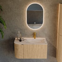 KURVE-DLUX 85cm badmeubel ronding Links kleur Oak met 1 lade en 1 deur. Wastafel CLOUD Rechts 1 kraangat Nata.-2
