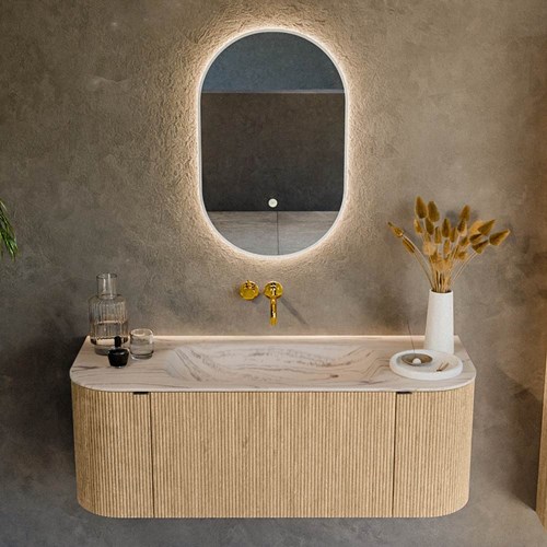 KURVE-DLUX 120cm badmeubel ronding Links + Rechts kleur Oak met 1 lade en 2 deuren. Wastafel BIG SMALL Midden zonder kraangat Nata.-2