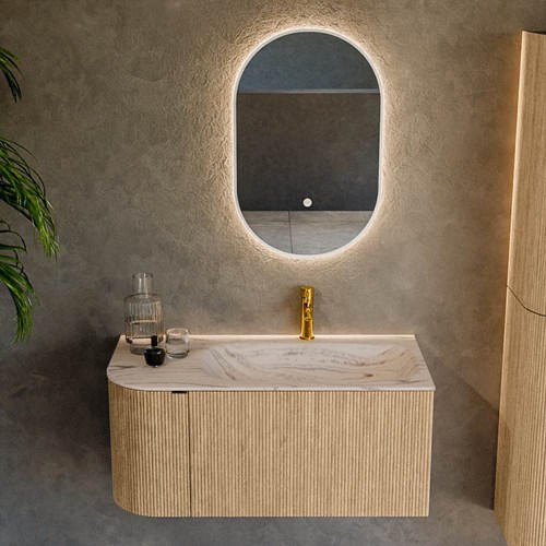 KURVE-DLUX 95cm meubles de salle de bains courbe Gauche couleur Oak avec 1 tiroir et 1 porte. Lavabo BIG SMALL Droite 1 trou pour robinetter, couleur Nata.-2