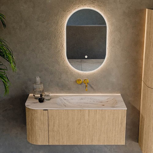 KURVE-DLUX 105cm mueble de baño curva Izquierda color Oak con 1 cajón y 1 puerta. Lavabo BIG SMALL Derecho sin orificio Nata.-2