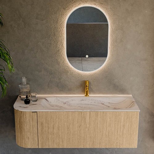 KURVE-DLUX 125cm mueble de baño curva Izquierda color Oak con 1 cajón y 1 puerta. Lavabo BIG MEDIUM Derecho 1 orificio Nata.-2