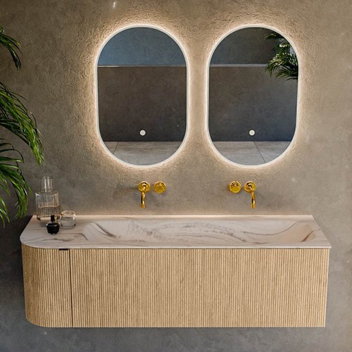 KURVE-DLUX 145cm meubles de salle de bains courbe Gauche couleur Oak avec 1 tiroir et 1 porte. Lavabo BIG LARGE Droite sans trou pour robinet, couleur Nata.-2