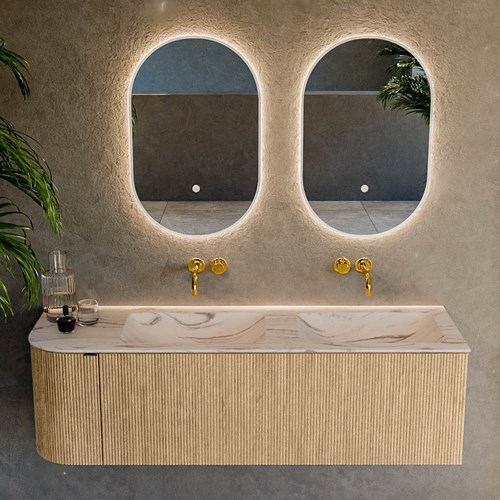 KURVE-DLUX 145cm mueble de baño curva Izquierda color Oak con 1 cajón y 1 puerta. Lavabo LEAF Doble / Derecho sin orificio Nata.-2