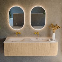 KURVE-DLUX 155cm badmeubel ronding Rechts kleur Oak met 2 lades en 1 deur. Wastafel LEAF Dubbel / Links zonder kraangat Nata.-2