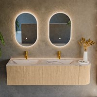 KURVE-DLUX 165cm badmeubel ronding Rechts kleur Oak met 2 lades en 1 deur. Wastafel STOR SMALL Dubbel / Links 2 kraangaten Nata.-2