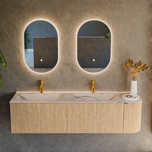 KURVE-DLUX 165cm badmeubel ronding Rechts kleur Oak met 2 lades en 1 deur. Wastafel STOR SMALL Dubbel / Links 2 kraangaten Nata.-2