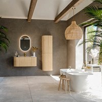 KURVE-DLUX 100cm meubles de salle de bains courbe Gauche + Droite couleur Oak avec 1 tiroir et 2 portes. Lavabo GRUNNE Centrée 1 trou pour robinetter, couleur Nata.-3