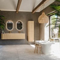 KURVE-DLUX 175cm mueble de baño curva Izquierda color Oak con 2 cajones y 1 puerta. Lavabo STOR SMALL Doble / Derecho 2 orificios Nata.-3
