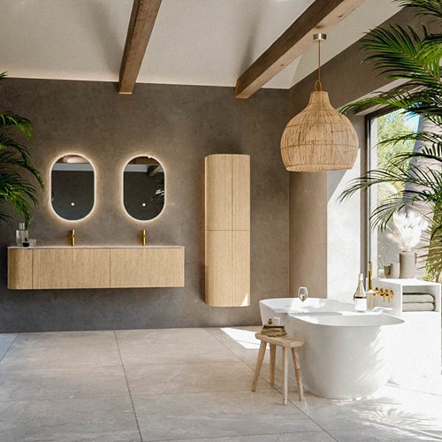 KURVE-DLUX 175cm mueble de baño curva Izquierda color Oak con 2 cajones y 1 puerta. Lavabo STOR SMALL Doble / Derecho 2 orificios Nata.-3