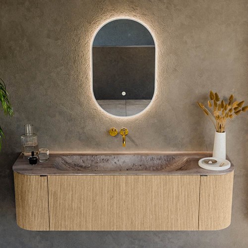 KURVE-DLUX 150cm meubles de salle de bains courbe Gauche + Droite couleur Oak avec 1 tiroir et 2 portes. Lavabo BIG MEDIUM Centrée sans trou pour robinet, couleur Oza.-2