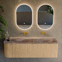 KURVE-DLUX 145cm mueble de baño curva Izquierda color Oak con 1 cajón y 1 puerta. Lavabo LEAF Doble / Derecho sin orificio Oza.-2