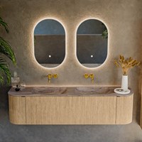 KURVE-DLUX 170cm mobili da bagno curva Sinistra + Destra colore Oak con 1 cassetto e 2 porte. Lavabo LEAF Doppio senza foro per il rubinetto, colore Oza.-2