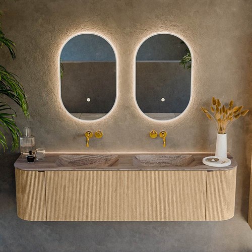 KURVE-DLUX 170cm mobili da bagno curva Sinistra + Destra colore Oak con 1 cassetto e 2 porte. Lavabo LEAF Doppio senza foro per il rubinetto, colore Oza.-2