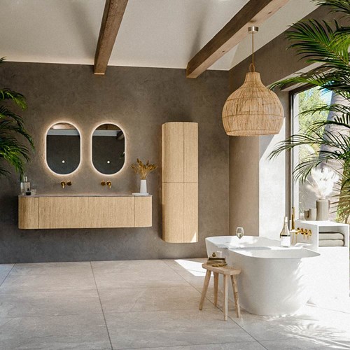 KURVE-DLUX 170cm mobili da bagno curva Sinistra + Destra colore Oak con 1 cassetto e 2 porte. Lavabo LEAF Doppio senza foro per il rubinetto, colore Oza.-3