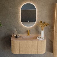KURVE-DLUX 100cm bathroom vanity set curve Left + Right color Oak with 1 drawer and 2 doors. Vanity top GRUNNE Center 1 tab hole, color Saba.-2
