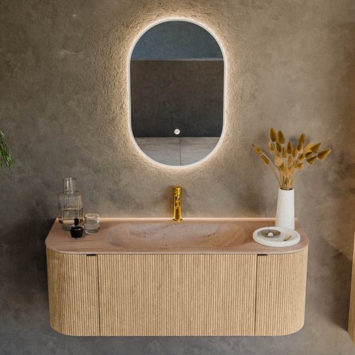 KURVE-DLUX 120cm meubles de salle de bains courbe Gauche + Droite couleur Oak avec 1 tiroir et 2 portes. Lavabo BIG SMALL Centrée 1 trou pour robinetter, couleur Saba.-2