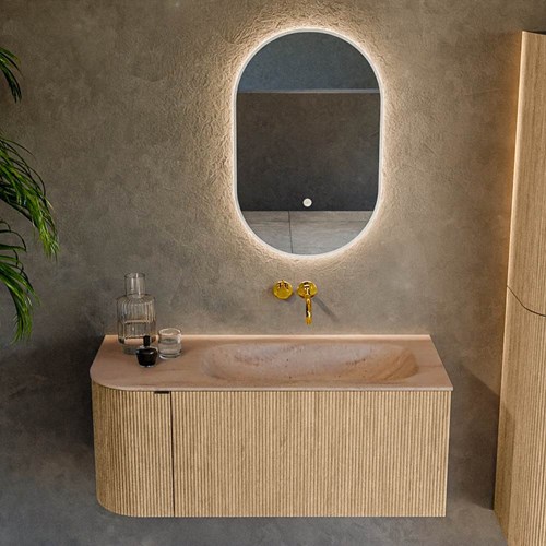 KURVE-DLUX 105cm mobili da bagno curva Sinistra colore Oak con 1 cassetto e 1 porta. Lavabo BIG SMALL Destra senza foro per il rubinetto, colore Saba.-2