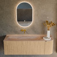 KURVE-DLUX 135cm bathroom vanity set curve Right color Oak with 1 drawer and 1 door. Vanity top BIG MEDIUM Left without tab hole, color Saba.-2