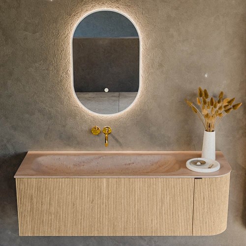 KURVE-DLUX 135cm bathroom vanity set curve Right color Oak with 1 drawer and 1 door. Vanity top BIG MEDIUM Left without tab hole, color Saba.-2