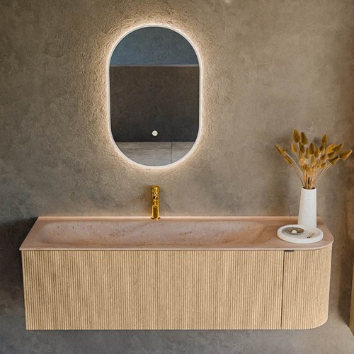 KURVE-DLUX 145cm bathroom vanity set curve Right color Oak with 1 drawer and 1 door. Vanity top BIG LARGE Left 1 tab hole, color Saba.-2